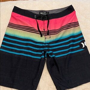 Hurley Men's Pink and Blue Striped Board Shorts